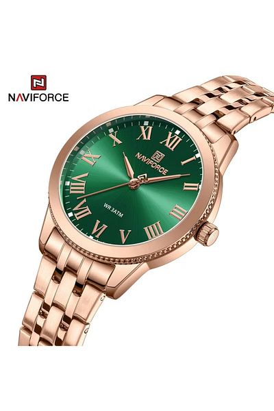 Naviforce Elegant and Luxurious Rose Gold Stainless Steel Analog Wrist Watch with Green Dial and Roman