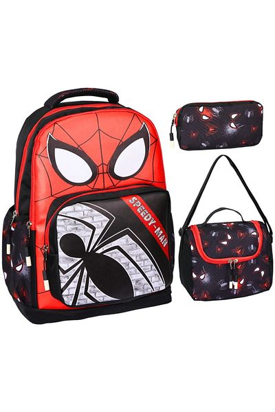 Alfa MEC Spiderman Printed, 3-Piece Primary School Boy's School Bag with Nutrition and Pen Holder