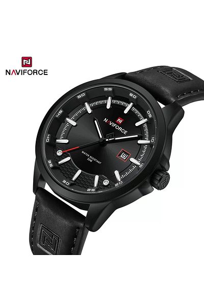 Naviforce Casual Leather Men's Watch – Black Dial & Black Strap
