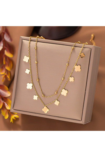 Rosaland0 Yonca figürlü çift katlı çelik kolye