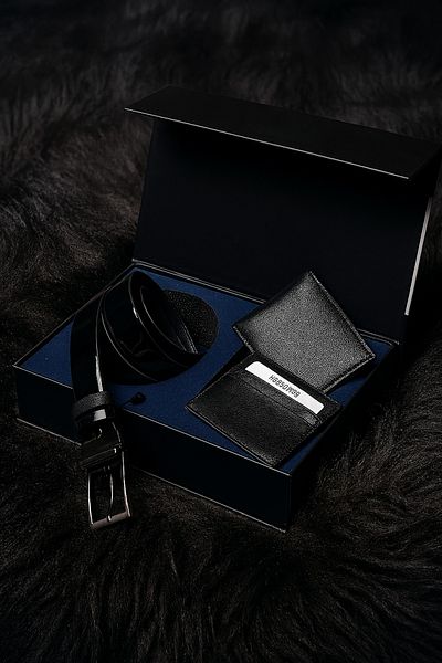 Loule Cadou negru pentru bărbați - Set de 3 curele pentru portofel și portofel orizontal și suport pentru carduri LL.GC525.001