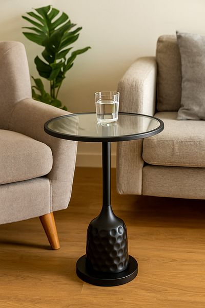 Living Glass Service Table with Black Steel Base 52x35 cm