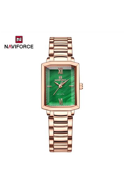 Naviforce Women's Luxury Rectangular Watch Rose Gold & Green Stainless Steel Waterproof Elegant Design