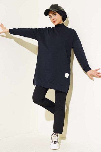 Smymoda Women's Seasonal Loose Crew Neck Embroidered Long Hijab Tunic Long Sports Model Seasonal Tunic