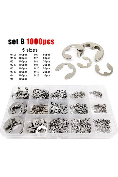 HZYUEGOU set B 1000pcs 1 Kit M1.2 to M15 GB896 E type Circlip Shaft Bearing External Retaining Ring Snap Wash