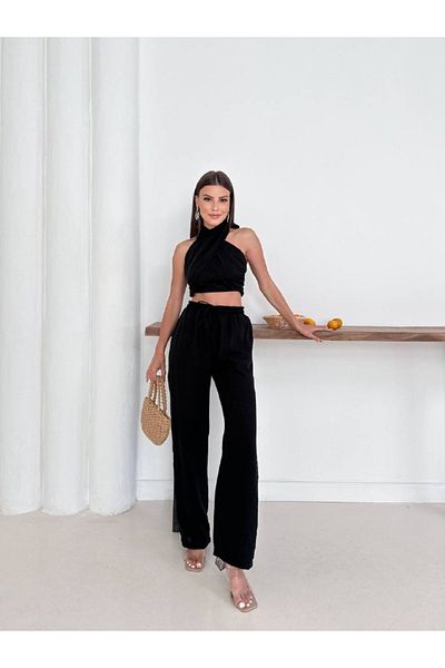DENİKK Trend Special Design High Waist Lace up Elastic 2 Piece Crop Pants Linen Set