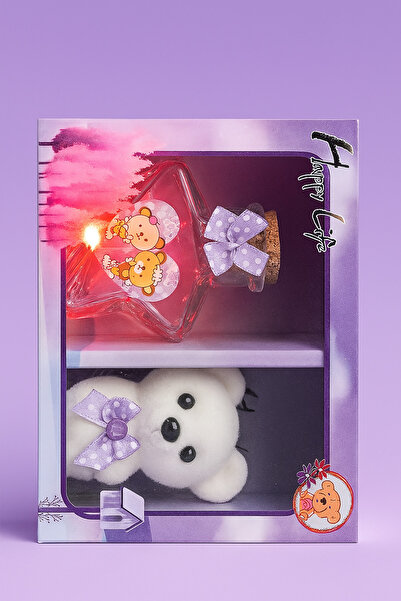 Bittox Orta Boy Romantik Mor Hediye Kutusu Peluş Ayıcık ve Led Işıklı Şişe- D...