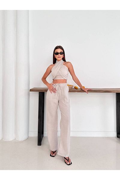DENİKK Trend Special Design High Waist Lace up Elastic 2 Piece Crop Pants Linen Set