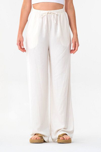 Fashion Showcase Linen Elastic Waist 100% Natural Fabric Trousers Ecru
