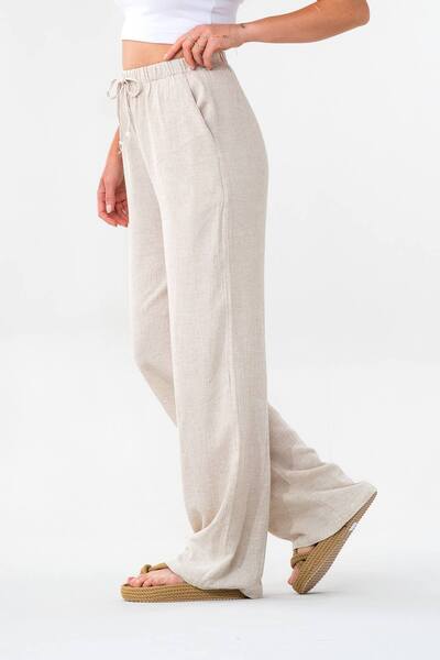Fashion Showcase Elastic Waist Linen Trousers 100% Natural Fabric Beige