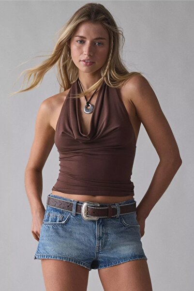 World Fashion Trends Brązowy top z okrągłym dekoltem i krótkim rękawem