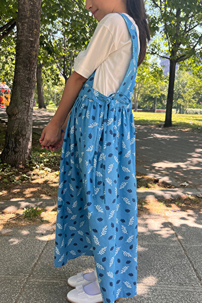 Masnu Çocuk Girl's Cotton Thin Gabardine Long Length Blue Leaf Patterned Hijab Salopet Dress