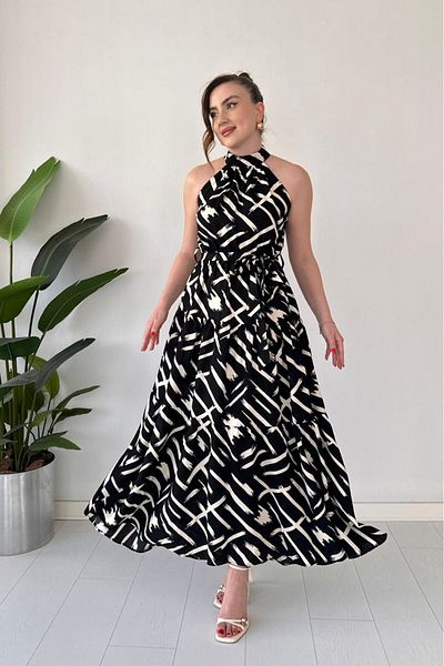 MaziButik Geometric Halter Dress Black
