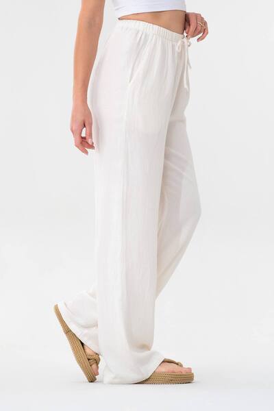Fashion Showcase Linen Elastic Waist 100% Natural Fabric Trousers Ecru