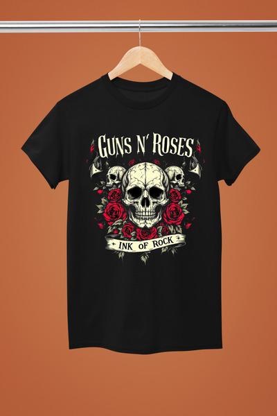 MAGORS تيشيرت GUNS N' ROSES مطبوع من القطن بأكمام قصيرة وقصة عادية