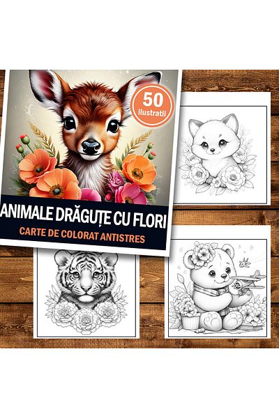 Legendary Gifts Mini coloring book for relaxation and anti-stress, 50 illustrations of Cute Animals with Flowers, 106 pages