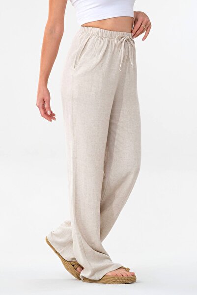 Fashion Showcase Elastic Waist Linen Trousers 100% Natural Fabric Beige