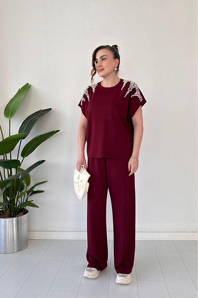 MaziButik Modal Suit with Shoulder Pearls Claret Red