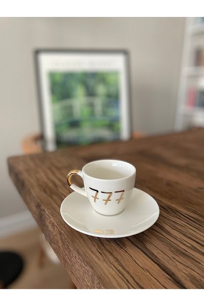 Mugtasarım 24K Gold Gilded Porcelain Turkish Coffee Cup 777 Abundance Luck Cup- 80 ml