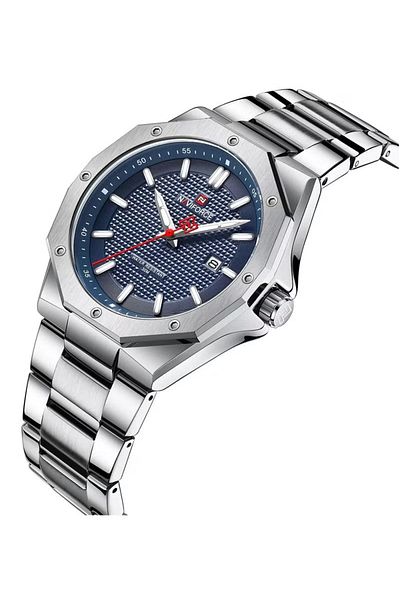 Naviforce Stylish Mens Quartz Watch with Blue Dial Stainless Steel Strap Analog Display Water Resistant