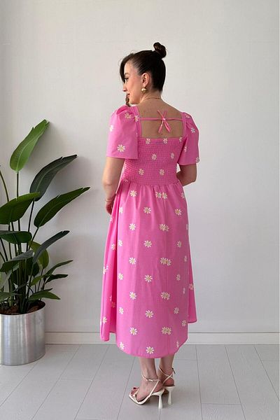 MaziButik Rochie din poplin cu mâneci cu clopoței cu margarete roz