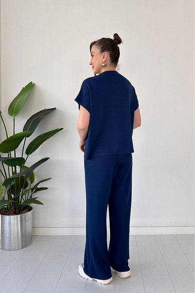 MaziButik Modal Suit with Shoulder Pearls Navy Blue