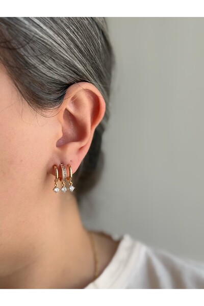 Owentis Çelik Rose Gold Üçlü Görünümlü Sallantılı Taşlı Zarif Jora Küpe -kararma yapmaz-