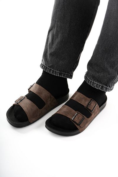 Babetty Lightweight Double Buckle Men's Massage Sole Anatomical Orthopedic Slippers Adjustable Artificial Leather