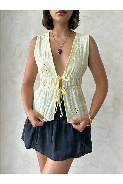 SUN STYLE Front Tie Embroidered Voile Blouse - 100Cotton