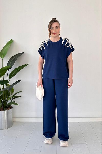MaziButik Modal Suit with Shoulder Pearls Navy Blue