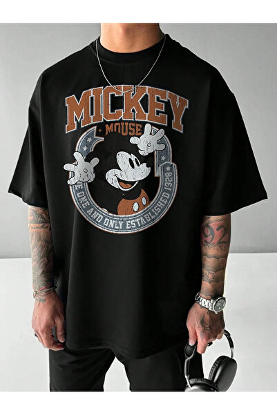 Unique Unisex Kadın Erkek Mickey Mous Özel Baskılı Oversize Pamuk Penye T-shi...
