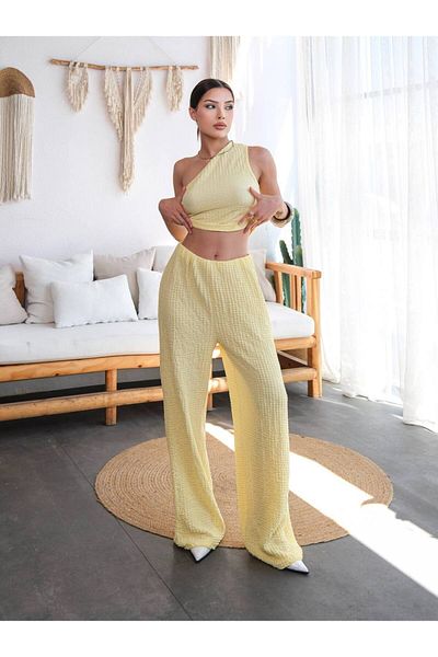 orjinal blue b Women's Yellow Wrinkle Fabric Single Shoulder Crop&Pants Set-Mx13654