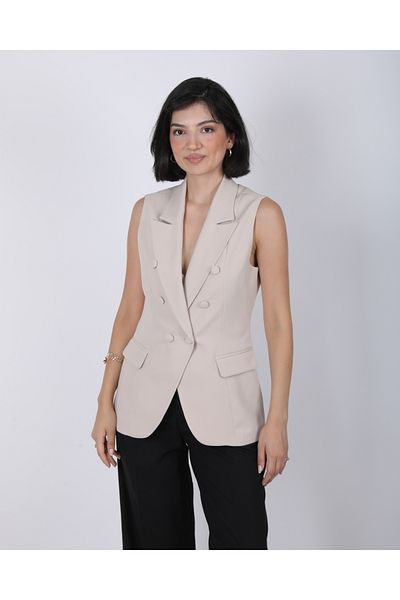 DEQ FASHION Women's Beige Button Detailed Blazer Vest