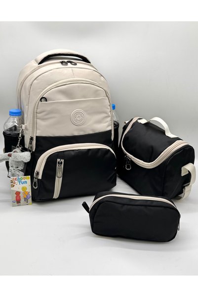 Tiny Kulomi Simple Primary School Bag Plain Satin Fabric Waterproof Primary School Backpack 8010 Beige-Black