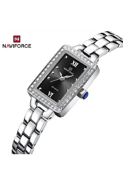 Naviforce NF5043 Women's Luxury Black & Silver Rectangular Watch – Elegant Analog, Stainless Steel, Crystal