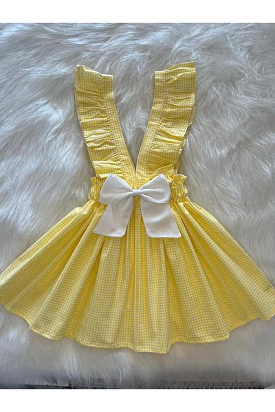Eylülce Butik Girl's Yellow Pork White Bow Ruffle Strap Salopet Dress (100% Cotton Fabric)