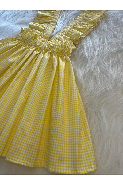 Eylülce Butik KIZ ÇOCUK SARI PÖTİKARELİ BEYAZ FİYONKLU FIRFIR ASKILI SALOPET ELBİSE (%100 PAMUK KUMAŞ)