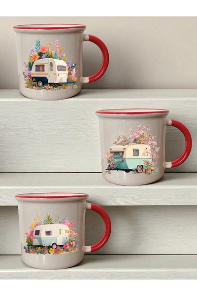 lili hediyelik Flower and Caravan Printed Set of 3 Ceramic Mouth Red Mug Cups - Home Kitchen Office Workplace Utensils