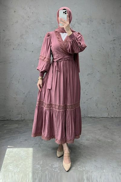 Tesettür Diyarı Women's Cotton Guipure Detailed Belted Double Suit