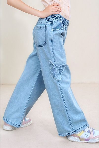Asortix Girls' Butterfly Embroidered Soft Textured Wide Leg Wide Leg 100% Cotton Jean Girls' Jeans