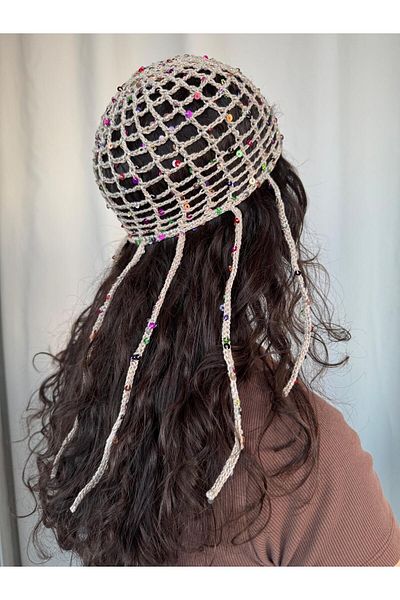 A&D HANDMADE Hand Knitted Mesh Beanie Hat >Pul Detail Mesh Hat>Hair Accessory