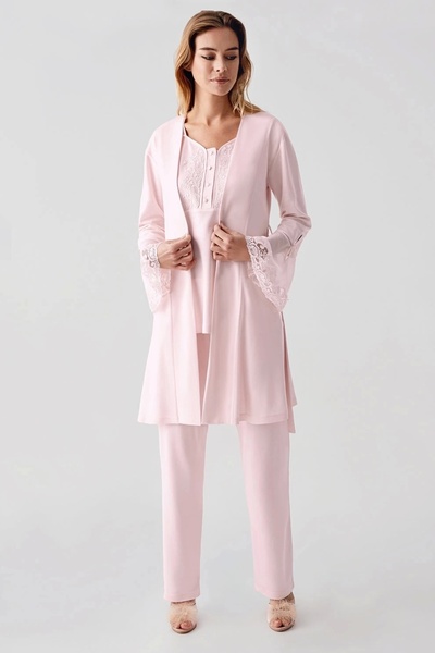 Modestia طقم بيجامة نسائي مطرز بالدانتيل الوردي من Freshness