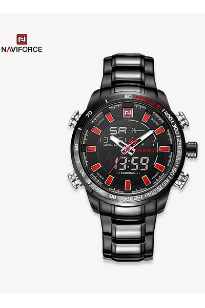 Naviforce Luxury Stainless Steel Chronograph Watch for Men with Digital Analog Display LED Backlight