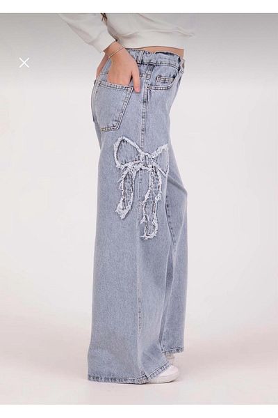 Asortik Kids Girls' Ribbon Embroidered High Waist Elastic Waist 100% Cotton Denim Jeans