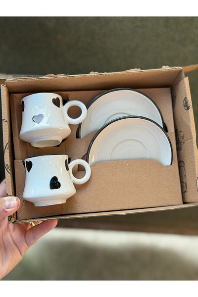 CeM Porselen 2-Person Black Heart Patterned Boiler Model Coffee Cup Set