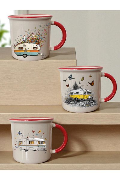 lili hediyelik Butterflies and Caravan Printed Set of 3 Ceramic Mouth Red Mug - Home Kitchen Office Workplace Utensil