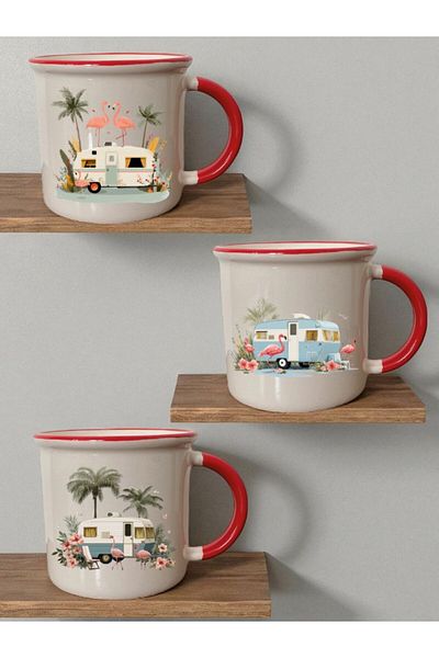 lili hediyelik Flamengo and Caravan Printed 3-Piece Ceramic Mouth Red Mug Cup - Home Kitchen Office Workplace Utensil