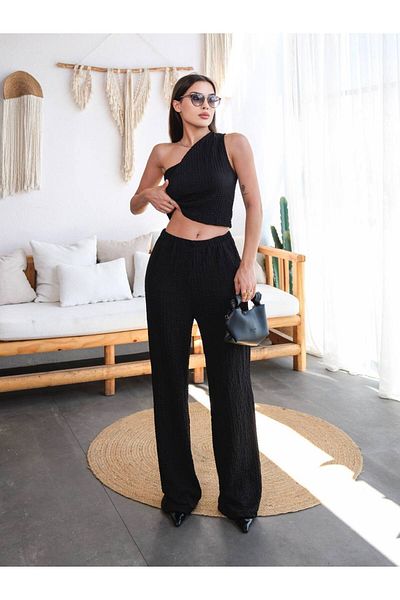 orjinal blue b Women's Black Wrinkle Fabric Single Shoulder Crop&Pants Set-Mx13654