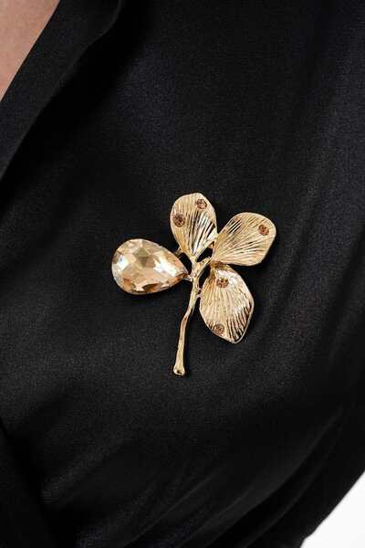Ateş GOLD PARLAK ELMAS TAŞLI ZARİF AREKA PALMİYESİ BROŞ