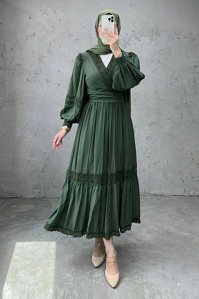 Tesettür Diyarı Women's Cotton Guipure Detailed Belted Double Suit